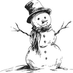Snowman sketch hand drawn with hat scarf and stick arms on white background — stock vector