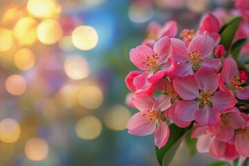 Obraz premium Blossoming Pink Flowers on a Branch With a Soft, Colorful Background in Spring.
