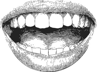Mouth open sketch hand drawn detailed lips and teeth illustration — stock vector