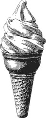 Soft serve ice cream cone sketch, hand drawn style, detailed swirled dessert illustration — stock vector