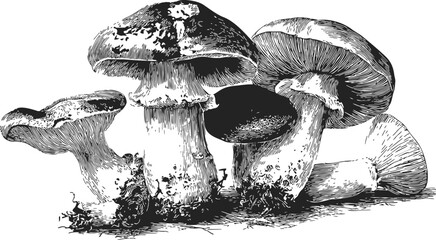 Mushrooms sketch hand drawn group detailed forest fungi illustration — stock vector