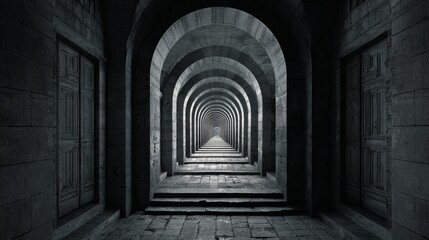 Fototapeta premium an architectural perspective of a long corridor lined with arches