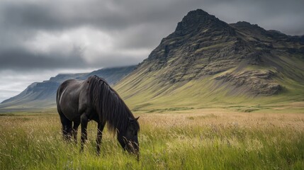 a majestic black horse grazing in a verdant meadow in front of a striking, rocky mountain under a dramatic sky