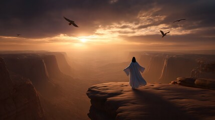 Lone figure in flowing white robe stands on cliff edge overlooking desert canyon at sunrise