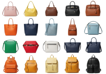 Fifteen diverse women's fashion accessories in a curated grid display, showcasing distinct styles and textures on a transparent studio background, e-commerce catalog concept