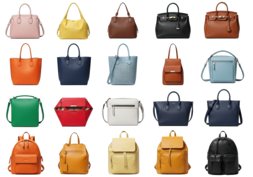 Fifteen diverse women's fashion accessories in a curated grid display, showcasing distinct styles and textures on a transparent studio background, e-commerce catalog concept