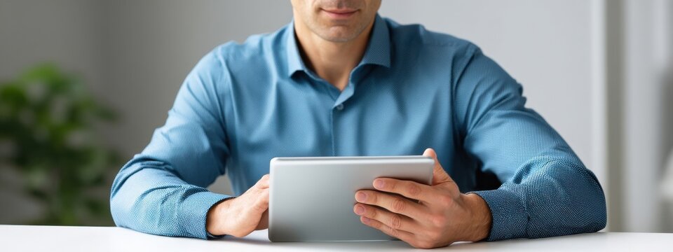 Man in Blue Shirt Using Tablet Device at Home or Office Setting
