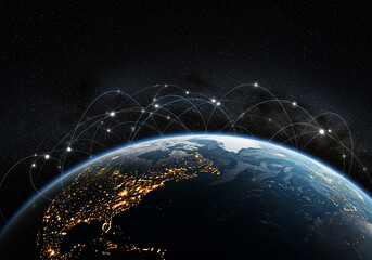 Global network connections over Earth at night, representing worldwide communication.