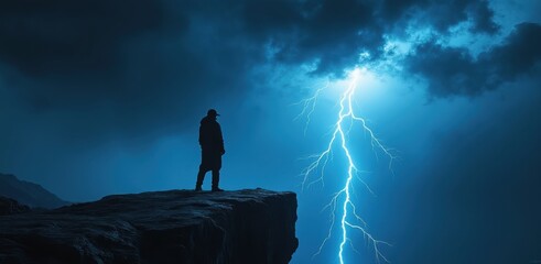 Lone figure stands on cliff facing powerful lightning strike