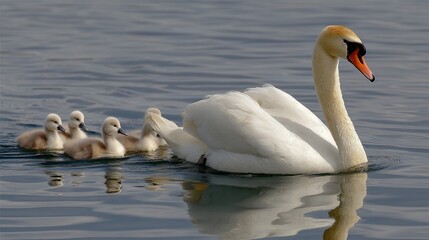 Obraz premium a mother swan swimming in the water with her three cygnets following closely behind. they are swimming near a lake shoreline and appear to be moving towards the right side of the frame