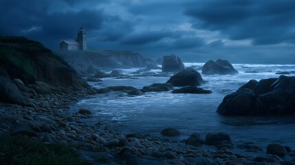 Obraz premium Haunting cliffside lighthouse over stormy sea with jagged rocks and dramatic Halloween sky