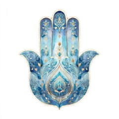 Watercolor Hamsa Hand with Birds and Golden Ornament