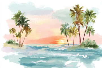 Fototapeta premium Watercolor Tropical Island with Palms and Sunset