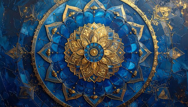 A detailed, intricate mandala design features concentric circles of gold and deep blue patterns.