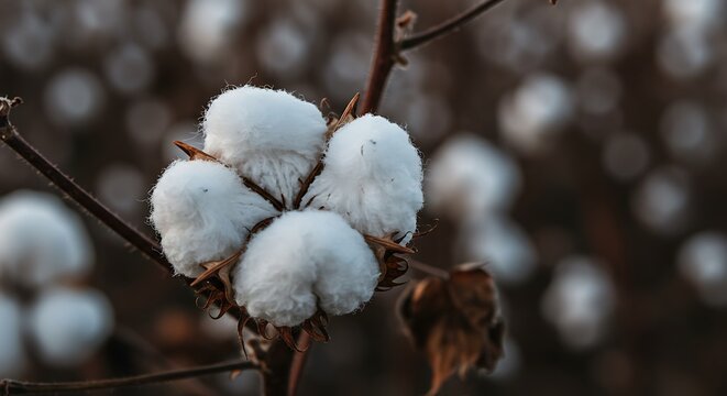 Close-Up of Cotton Bolls in a Bright Sunlit Field with Endless Rows of White Plants