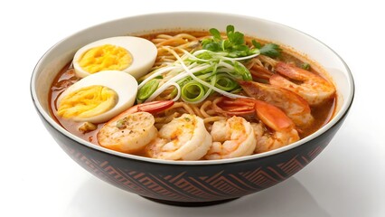 Delicious bowl of spicy shrimp ramen with eggs and vegetables. AI GENERATED.