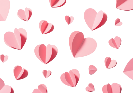 Pastel pink paper hearts, precisely cut and delicately folded, scattered on a transparent background with soft shadows, copy space. Concept of gentle love and celebration