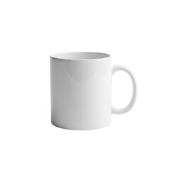 Pristine empty glossy white ceramic coffee mug with C-handle on seamless transparent studio background, soft high-key lighting, subtle shadow. Concept for product customization