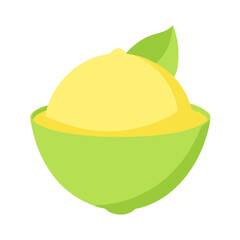 Stylized yellow lemon with green leaf and peel