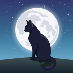 Silhouette of an animal against the moon.Vector illustration of a black cat against a white moon and stars.