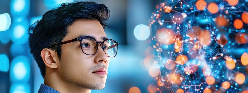 Thoughtful young man gazing at digital connections and technology trends