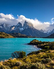 Obraz premium A vibrant turquoise lake nestled amongst towering snow-capped mountains under a dramatic sky filled with fluffy clouds.