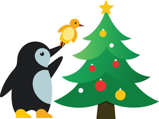 Cute penguin and bird decorating a christmas tree