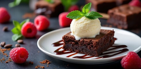 Decadent chocolate brownie with vanilla ice cream and fresh raspberries