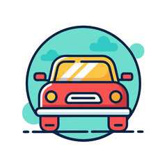 Stylized red car icon with abstract background and clouds
