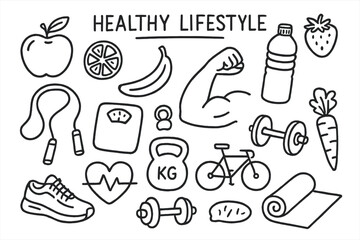 Fruits and Fitness Doodles. Healthy lifestyle doodle set: hand drawn icons of fruits and exercise, isolated transparent background
