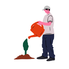 Worker Pouring Water on Newly Planted Tree Vector Illustration