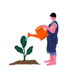 Gardener Watering Small Plant with Watering Can Flat Design