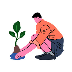 Person Planting Sapling and Covering Roots with Soil Vector Art