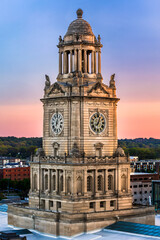 Aerial view of Polk County courthouse top tower, in Des Moines, Iowa at sunset. The Polk County Courthouse was built in 1906