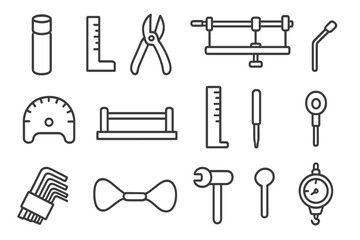 Fototapeta premium Bow Maintenance Icons. Line style icons of bow maintenance tools: string wax, bow square, nocking pliers, bow press, limb gauge,