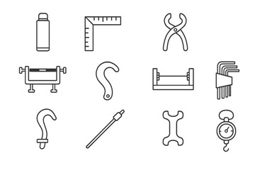 Fototapeta premium Bow Maintenance Icons. Line style icons of bow maintenance tools: string wax, bow square, nocking pliers, bow press, limb gauge,