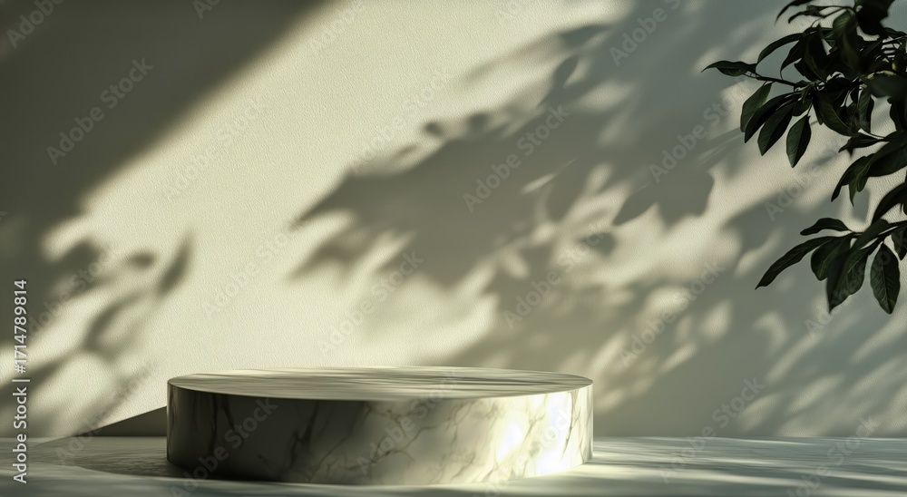 Poster bright marble surface illuminated by soft shadows and greenery in a serene indoor setting