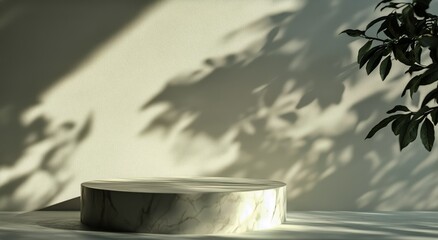 Bright Marble Surface Illuminated by Soft Shadows and Greenery in a Serene Indoor Setting