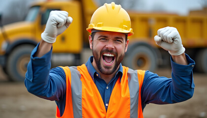 Excited construction worker celebrating success with raised fists and a joyful expression.