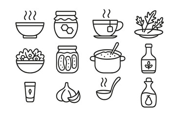 Healing Food Icons. Line style icons of healing food and drink: bone broth bowl, wild honey jar, medicinal tea cup, bitter herbs