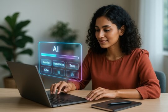 Leveraging ai tools for enhanced work efficiency home office digital content creation indoor professional perspective