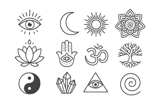 Mystical Tattoo Icons. Line style icons of sacred and mystical tattoo elements: third eye, crescent moon, sun rays, mandala, lotus