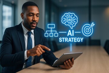 Analyzing ai strategy in business meetings corporate office digital content professional environment close-up perspective technology insights