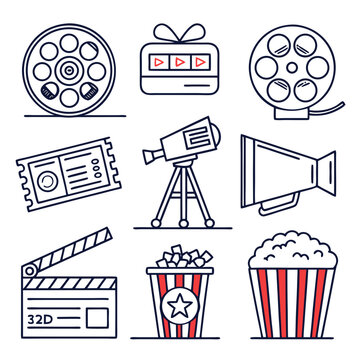 Cinema set of web icons in line style. Movie and Film linear icon collection. Containing video, movie theater, 3d, vr, popcorn, ticket, director, soundtrack and more. Editable stroke
