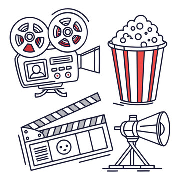 Cinema set of web icons in line style. Movie and Film linear icon collection. Containing video, movie theater, 3d, vr, popcorn, ticket, director, soundtrack and more. Editable stroke