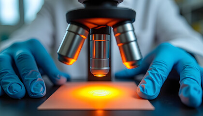 Scientist examining a sample under a microscope in a laboratory setting.