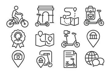 Tourism Icons Collection. Line style icons of tourism and micro-mobility: city tour on e-bike, historic landmark with scooter,