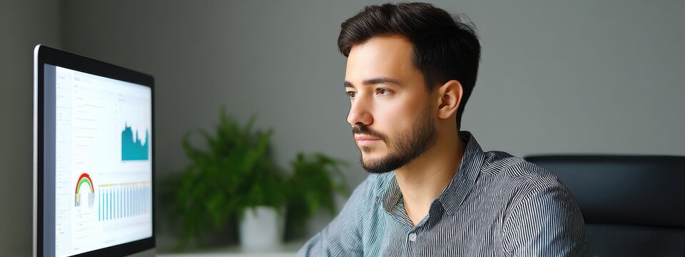 Young Man Analyzing Data on Computer Screen in Modern Office Environment