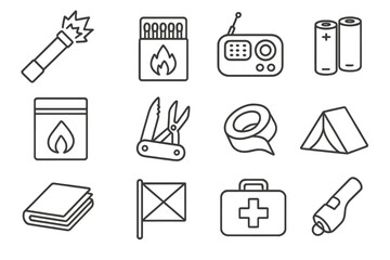 Emergency Survival Kit. Line style icons of emergency survival items: distress flare, waterproof matches, emergency radio, backup