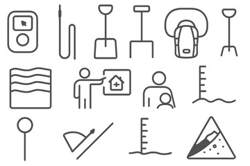 Obraz premium Avalanche Gear Icons. Line style icons of avalanche preparedness gear: avalanche beacon, collapsible probe, snow shovel, snowpack